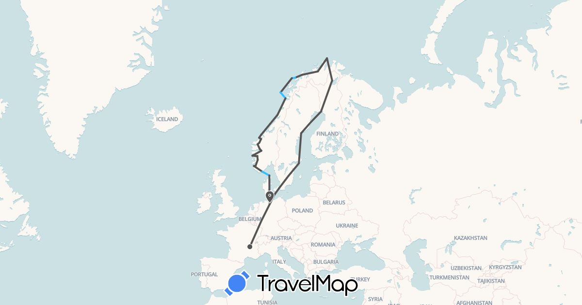 TravelMap itinerary: boat, motorbike in Germany, Denmark, Finland, Norway, Sweden (Europe)